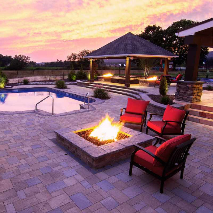 HPC Fire Square Bowl Fire Pit Burner Insert in Pool Side Area Installed with Standard Burner and Lava Rock 