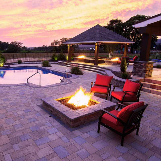 HPC Fire Square Flat Fire Pit Burner Insert in Pool Side Area Installed with Standard Burner and Lava Rock