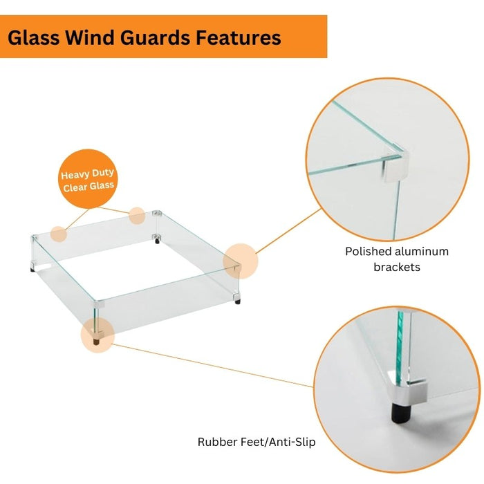 HPC Fire Square Glass Wind Guards Features Heavy Duty Clear Glass Polished Aluminum Bracket and Rubber Feet for Anti-Slip