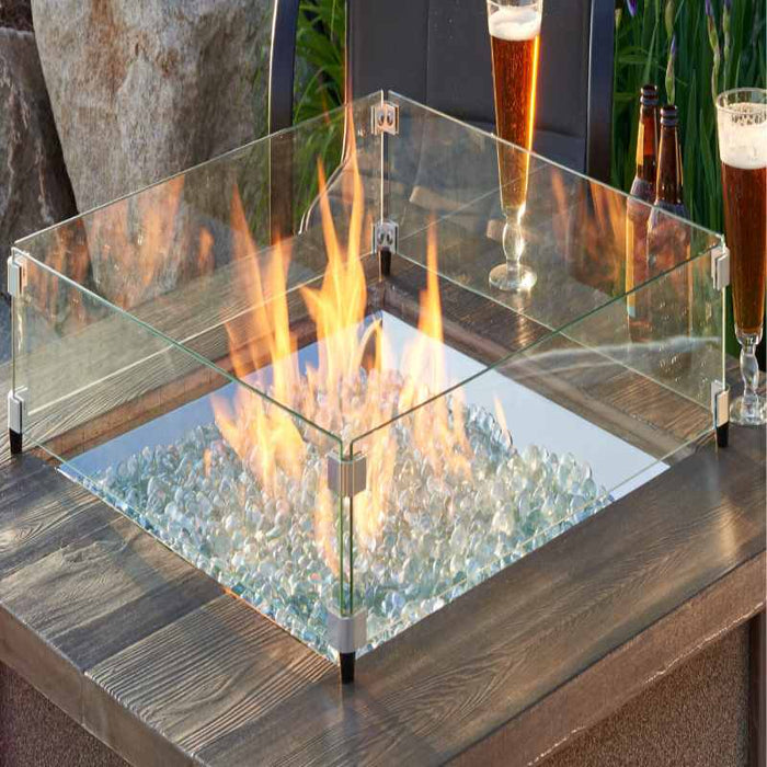 HPC Fire Square Glass Wind Guards Heavy Duty Glass with Anti Slip Rubber Feet Installed in Square Fire Pit With White Crystal Gems