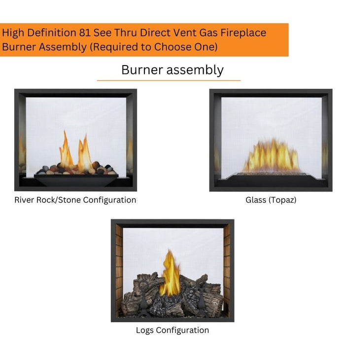 High Definition 81 See Thru Direct Vent Gas Fireplace Burner Assembly with River RockStone Configuration, Glass (Topaz) and Logs Configuration V1