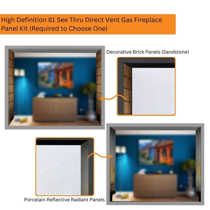 High Definition 81 See Thru Direct Vent Gas Fireplace Panel Kit  with Decorative Brick Panels (Sandstone) and Porcelain Reflective Radiant Panels V1