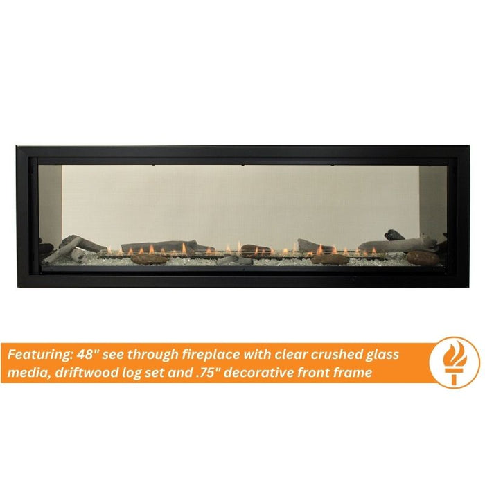 Image of Empire Boulevard Vent-Free Linear Gas Fireplace, see-through fireplace with clear crushed glass media, driftwood log set, and 0.75 decorative front frame