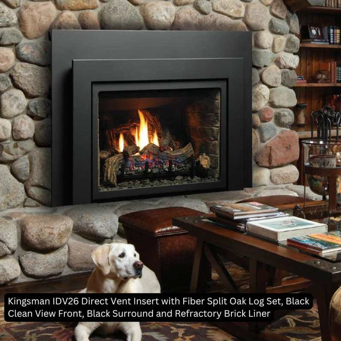 Kingsman IDV26 Direct Vent Insert with Fiber Split Oak Log Set, Black Clean View Front, Black Surround and Refractory Brick Liner