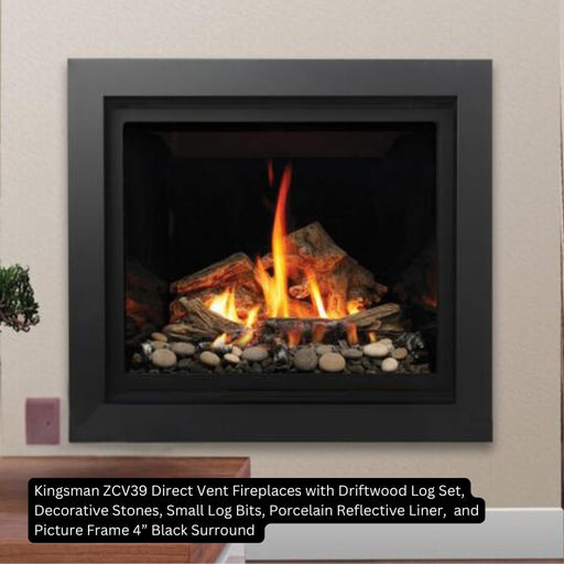 Kingsman ZCV39 Direct Vent Fireplaces with Driftwood Log Set, Decorative Stones, Small Log Bits, Porcelain Reflective Liner,  and Picture Frame 4” Black Surround 