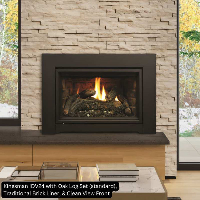 Kingsman IDV24 with Oak Log Set (standard), Traditional Brick Liner, & Clean View Front