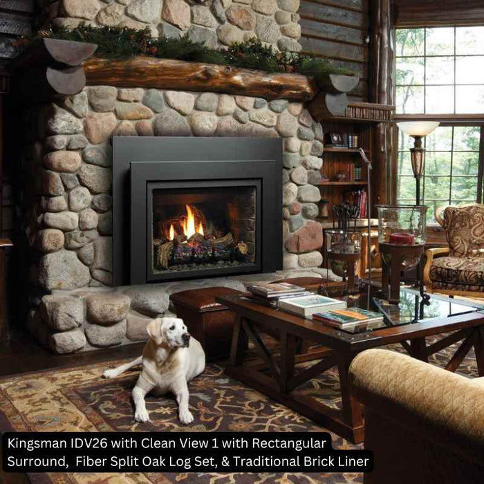 Kingsman IDV26 with Clean View 1 Front with Rectangular Surround,  Fiber Split Oak Log Set, & Traditional Brick Liner installed at the Guess Room with Family Dog