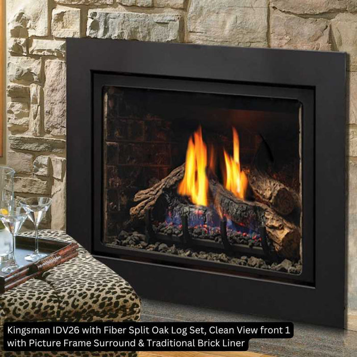 Kingsman IDV26 with Fiber Split Oak Log Set, Clean View front 1 with Picture Frame Surround & Traditional Brick Liner