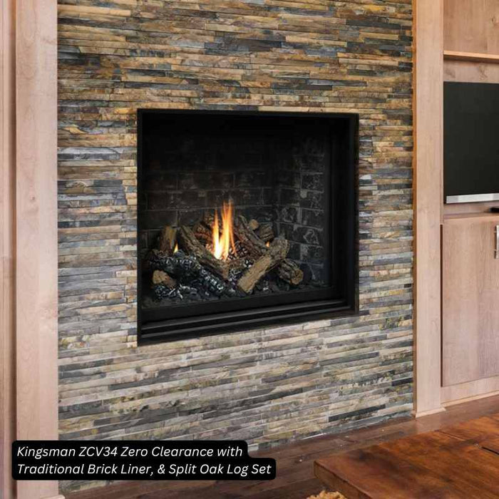 Kingsman ZCV34 Zero Clearance with Traditional Brick Liner, & Split Oak Log Set