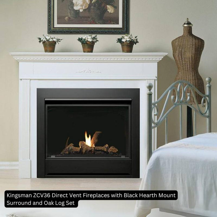 Kingsman ZCV36 Direct Vent Fireplaces with Black Hearth Mount Surround and Oak Log Set 