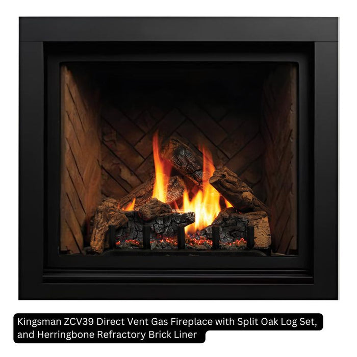 Kingsman ZCV39 Direct Vent Gas Fireplace with Split Oak Log Set,  and Herringbone Refractory Brick Liner