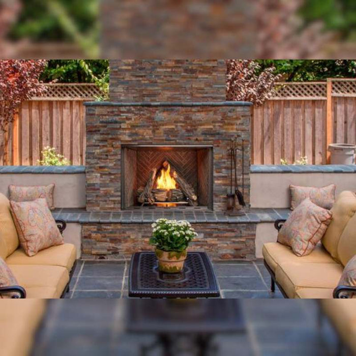 Majestic Courtyard 42" Outdoor Vent Free Gas Fireplace Placed in Outdoor Hangout Area with High Definition Log Set and Stainless Steel Grate