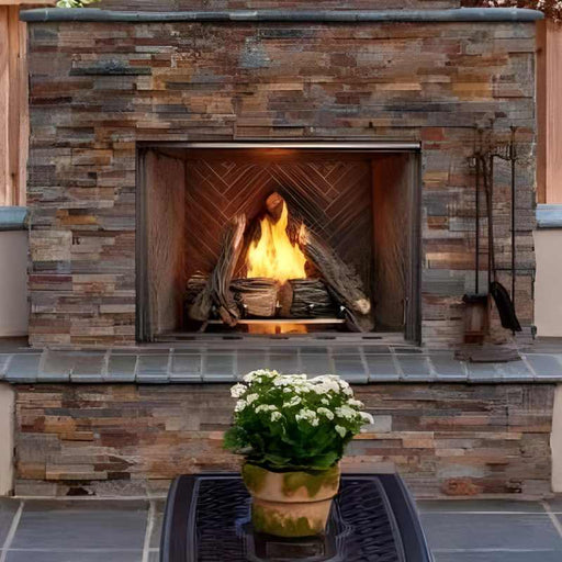 Majestic Courtyard 36" Outdoor Vent Free Gas Fireplace Placed in Outdoor Hangout Area with High Definition Log Set and Stainless Steel Grate