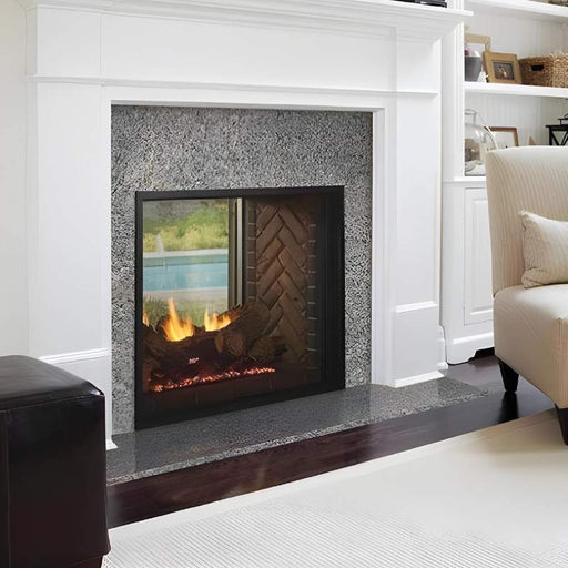 Majestic Fortress 36" Indoor Outdoor See Thru Vent Free Gas Fireplace Installed in Living Room Area with Herringbone Brick