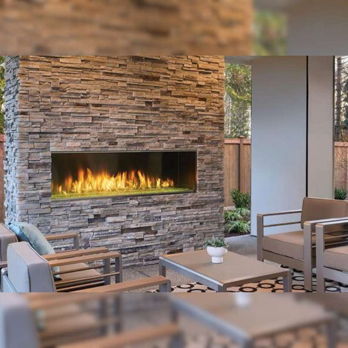 Majestic Lanai 60" Outdoor Linear Vent Free Gas Fireplace Installed in Front Porch with Crushed Glass Media