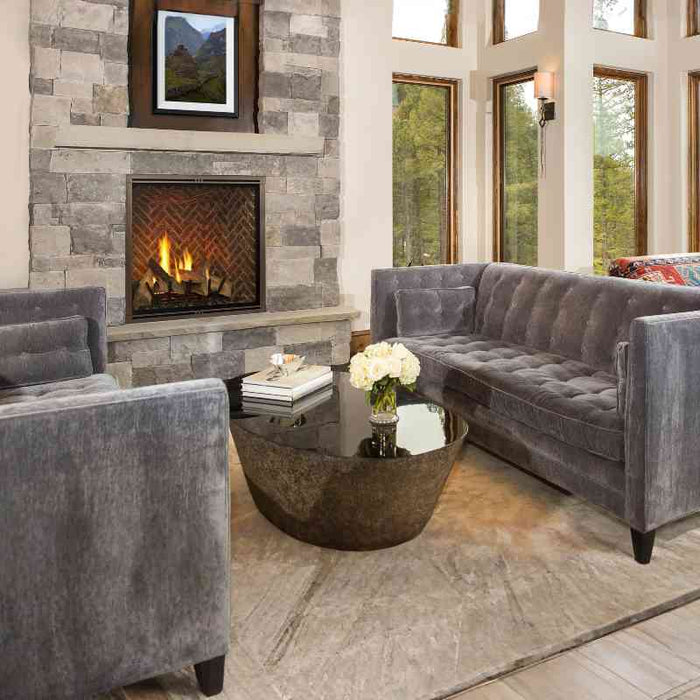 Majestic Marquis II 42-inch Direct Vent Gas Fireplace with Herringbone Brick - Tavern Brown Interior Panel