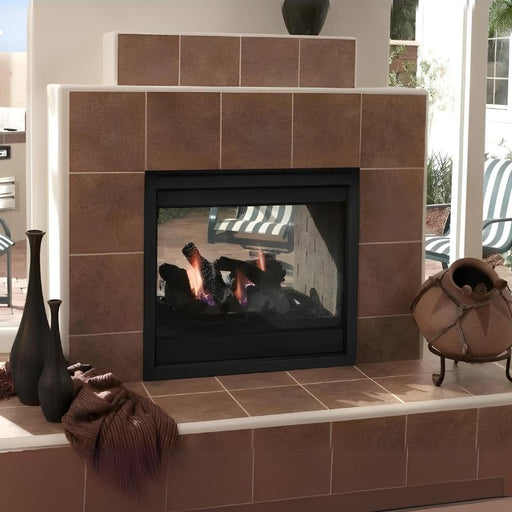 Majestic Twilight 36" Indoor Outdoor See Thru Vent Free Gas Fireplace Installed Near Entryway Area with Black Cotemporary Front