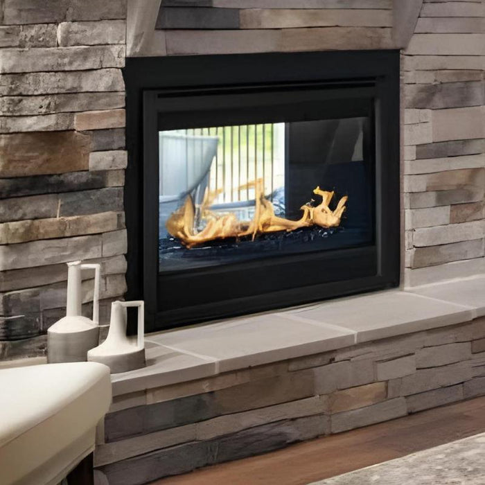 Majestic Twilight Modern 36" Indoor Outdoor See Thru Vent Free Gas Fireplace Installed in Living Room Area with Ebony (black) Glass Media and Black Cotemporary Front