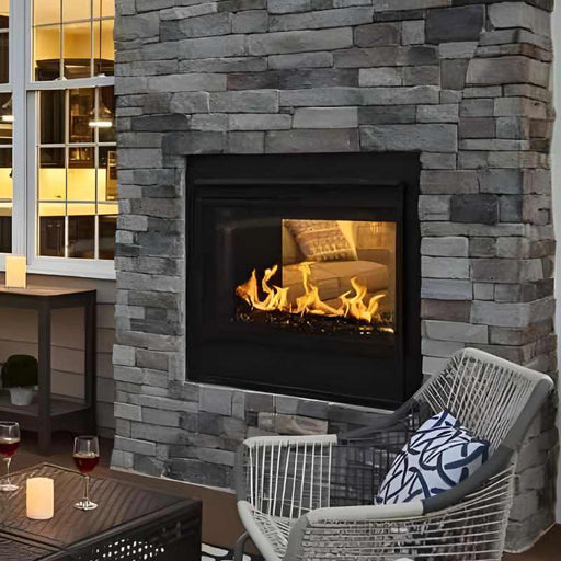 Majestic Twilight Modern 36" Indoor Outdoor See Thru Vent Free Gas Fireplace Installed in Porch Area with Ebony (black) Glass Media and Black Fire Screen Front V3
