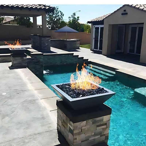 Malibu Fire Bowl - Powder Coated Metal Grayplace at the Poolside with Cerulean Fire Pebbles plus Fire Buner On