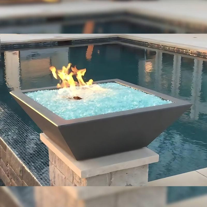 Malibu Fire Bowl - Powder Coated Metal Gray place at the Poolside with Clear Fire Glass plus Fire Buner On