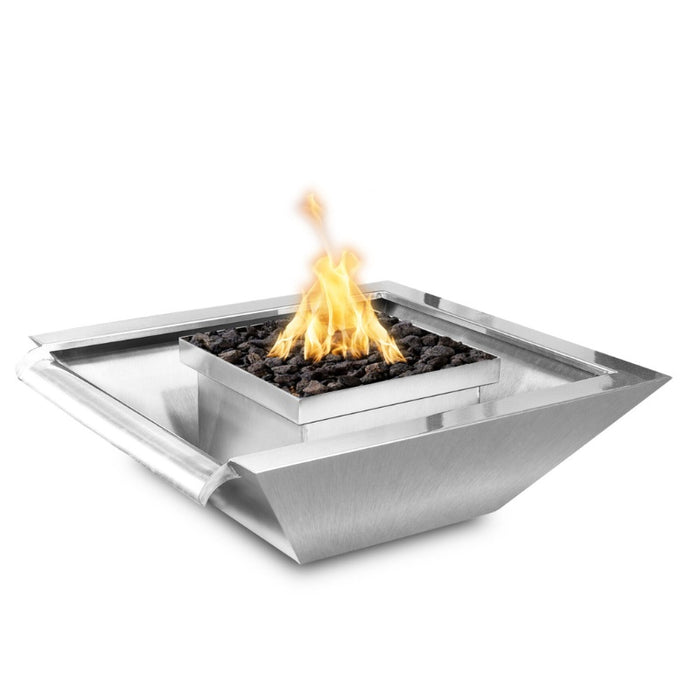 Malibu Wide Gravity Spill Fire & Water Bowl - Stainless Steel with Lava Rock plus Bullet Burner On white background