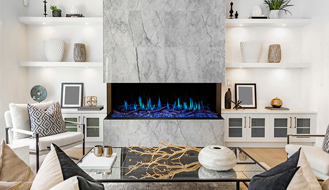 Modern Flames 52 Orion Multi Heliovision Virtual Multi-Sided Electric Fireplace 3-Sided Bay Installation with Blue Flame
