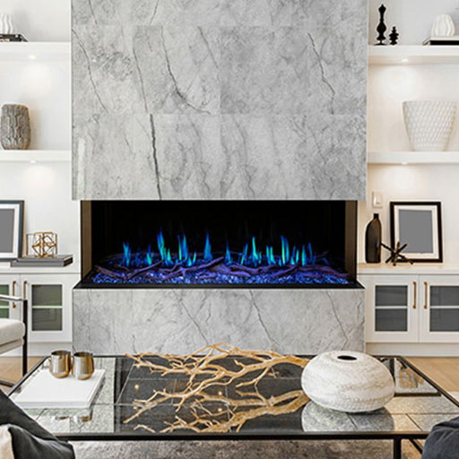 Modern Flames Orion Multi 60 Virtual Electric Fireplace 3-Sided Bay Install with Blue Flame and Blue Ember Combination