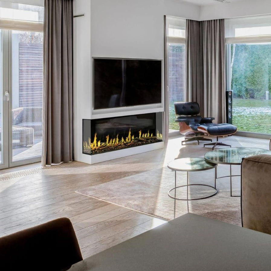 Modern Flames Orion Multi 76 inch virtual electric fireplace in a 3-sided bay installation