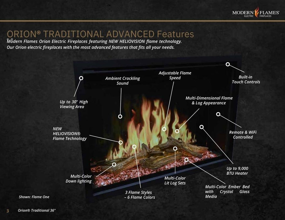 Modern Flames Orion Traditional Heliovision Virtual Electric Fireplace Advanced Features