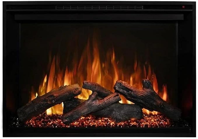 Modern Flames Redstone Built-In Insert Electric Fireplace Face on orange flames logs on
