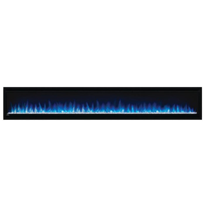Napoleon Alluravision 100 Built-In Wall Mount Linear Electric Fireplace NEFL100CHD-1 with blue flames and clear glass embers on a white background