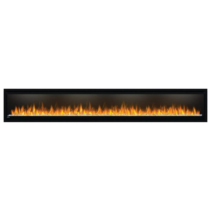 Napoleon Alluravision 100 Built-In Wall Mount Linear Electric Fireplace NEFL100CHD-1 with yellow flames and clear glass embers on a white background