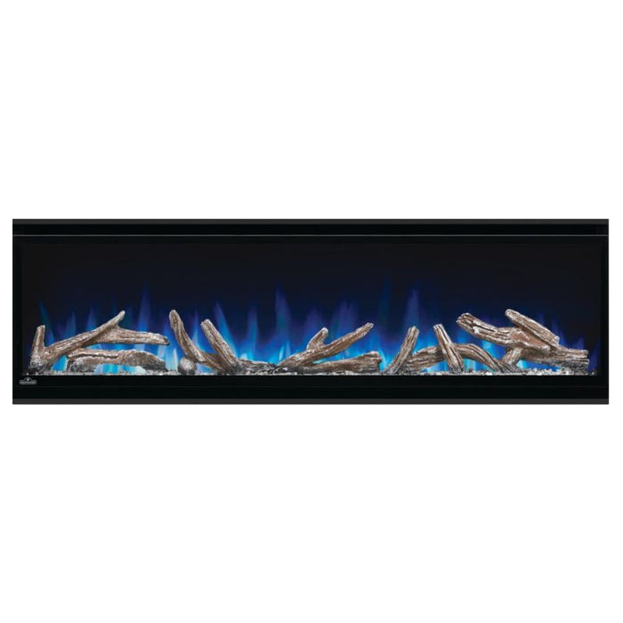 Napoleon Alluravision 50 Built-In Wall Mount Linear Electric Fireplace NEFL50CHD-1 blue flames driftwood log set with rocks on a white background