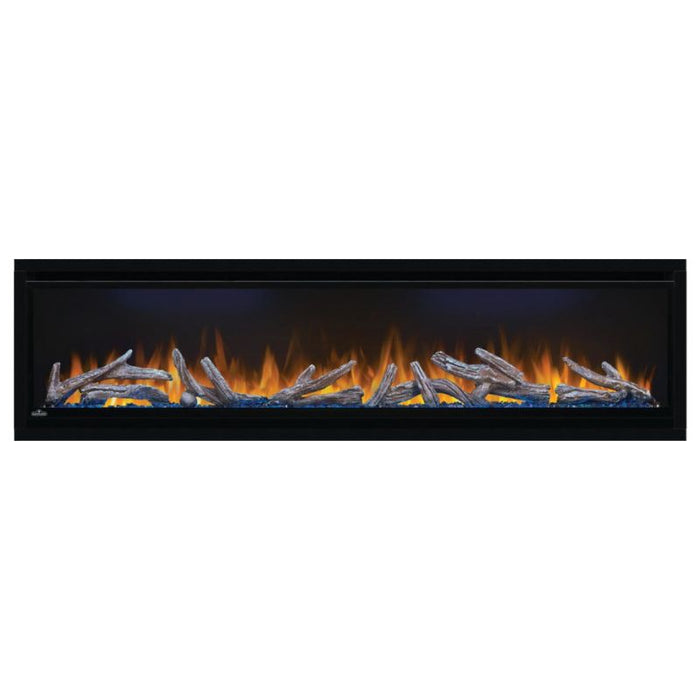 Napoleon Alluravision 60 Built-In Wall Mount Linear Electric Fireplace NEFL60CHD-1 log set with yellow flames on a white background