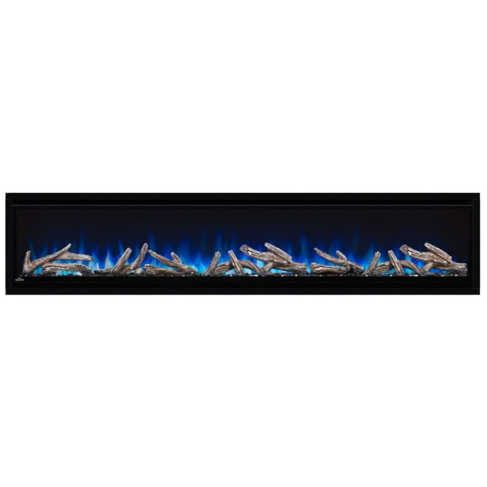 Napoleon Alluravision 74 Built-In Wall Mount Linear Electric Fireplace NEFL74CHD-1 blue flames with log set on white background