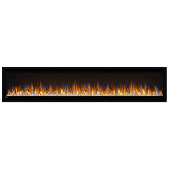 Napoleon Alluravision 74 Built-In Wall Mount Linear Electric Fireplace NEFL74CHD-1 multicolor flame and crystal ember glass media on white background