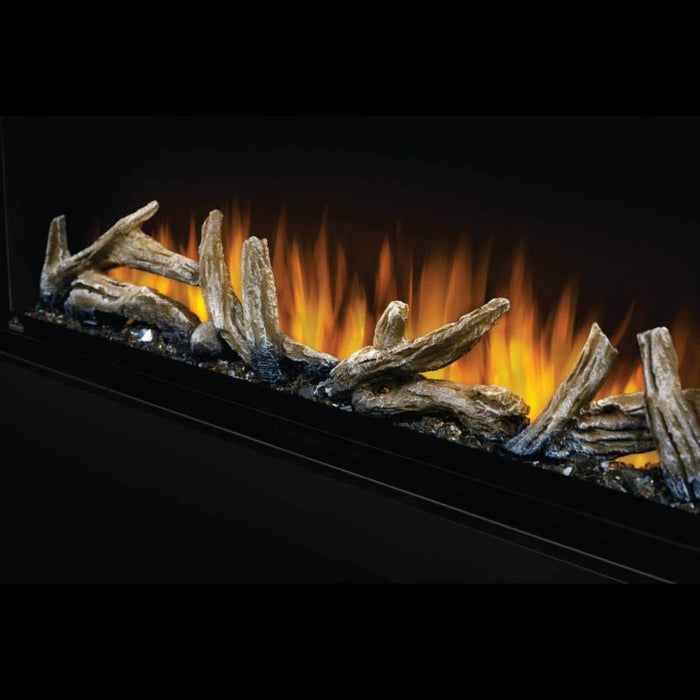 Napoleon Alluravision Built-In Wall Mount Linear Electric Fireplace log set with yellow flames close-up on black background - ec57dc11-0c1a-4483-827e-b9c268cec68b