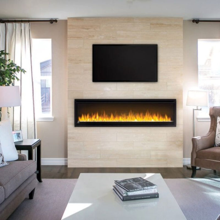 Napoleon Alluravision Slimline 60 Built-InWall Mount Linear Electric Fireplace at the wall under TV