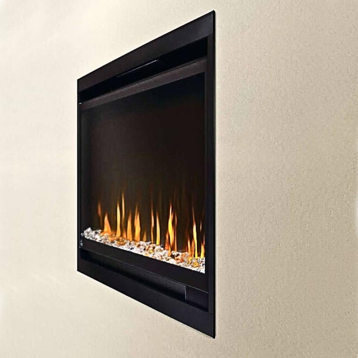 Napoleon Alluravision Slimline 60 Built-InWall Mount Linear Electric Fireplace detail orange fully recessed trim