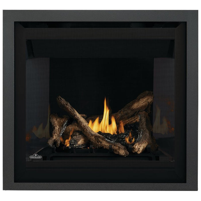 Napoleon Altitude 36 Direct Vent Fireplace with Charcoal Premium Finish Trim, Black Illusion Glass Panels and Split Oak Logs Set V1