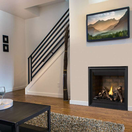 Napoleon Altitude 42 Direct Vent Fireplace Basement Living Room with Black Finish Premium Trim, Newport and Split Oak Logs Set V1