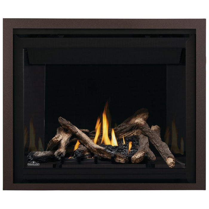 Napoleon Altitude 42 Direct Vent Fireplace with Finish Trim - Copper, Black Illusion Glass Panels and Split Oak Logs Set