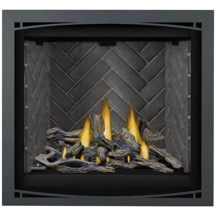 Napoleon Altitude X 36 Direct Vent Fireplace Black Zen Front,  Westminster Grey Herringbone and Split Oak Logs Set