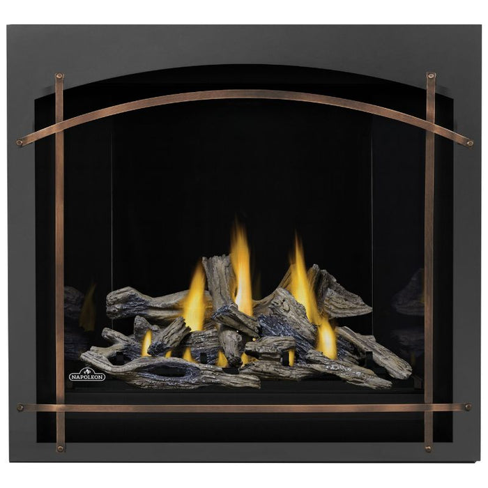 Napoleon Altitude X 36 Direct Vent Fireplace with Arched Whitney Burnished Brass, Black Illusion Glass Panels and Driftwood Logs Set
