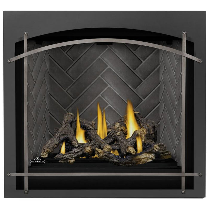 Napoleon Altitude X 36 Direct Vent Fireplace with Arched Whitney Satin Nickel, Westminster Herringbone and Split Oak Logs Set