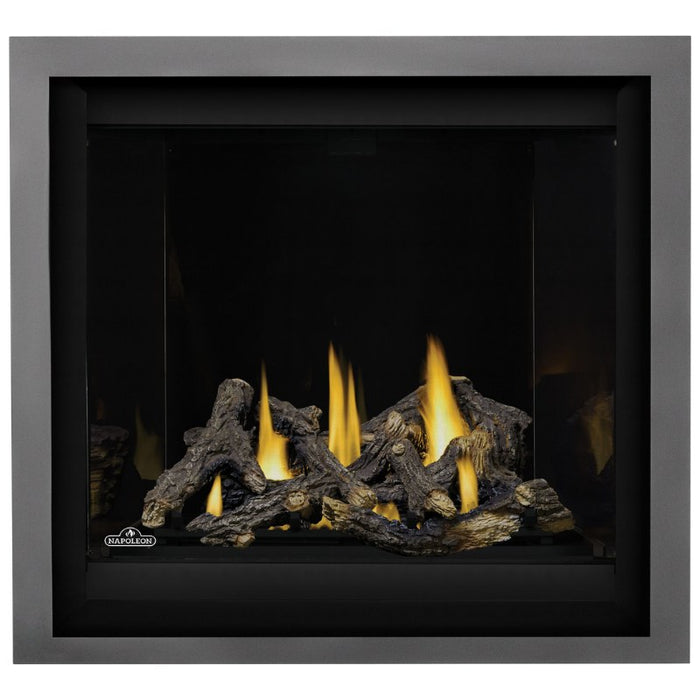 Napoleon Altitude X 36 Direct Vent Fireplace with Black Illusion Glass Panel, Gun Metal Finish Trim and Split Oak Logs Set