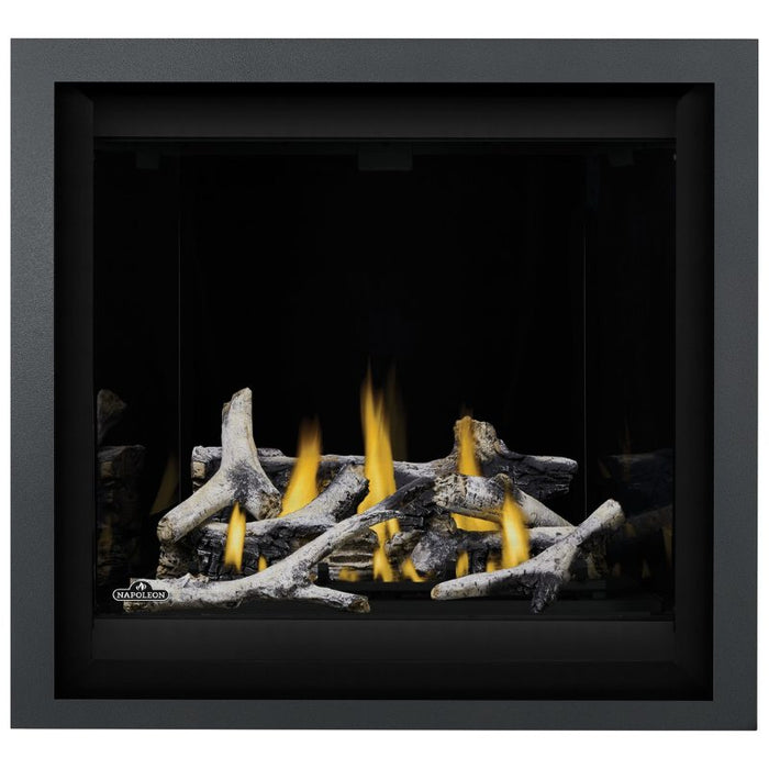 Napoleon Altitude X 36 Direct Vent Fireplace with Black Illusion Glass Panels, Charcoal Finish Trim and Birch Logs Set