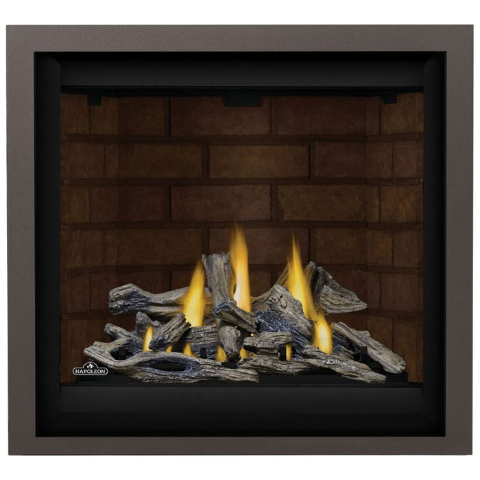 Napoleon Altitude X 36 Direct Vent Fireplace with Newport, Copper Finish Trim and Driftwood Logs Set
