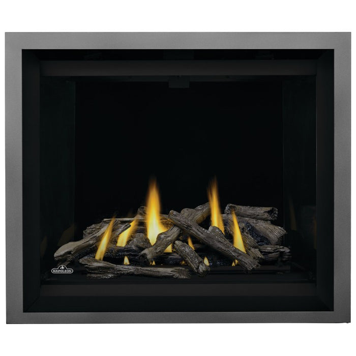 Napoleon Altitude X 42 Direct Vent Fireplace with Black Illusion Glass Panels , Charcoal Finish Trim and Driftwood Logs Set
